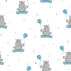Seamless pattern with cute little Hippo. Vector background for kids design. Baby print.