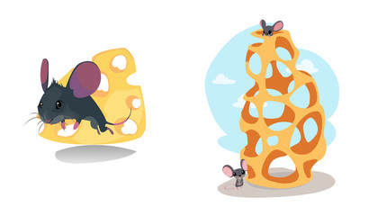 Digital vector funny cartoon cheese labyrinth with happy mice on top and at the bottom, abstract flat style