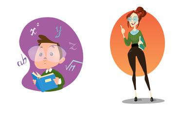 Digital vector funny comic cartoon stylish teacher with glasses and a book explaining the lesson, smart kid genius, hand drawn illustration, abstract realistic flat style