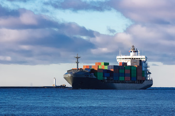 Grey container ship