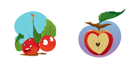 Digital vector funny cartoon growing red apple with seeds, section in shape of heart cut, green leaf, abstract flat style