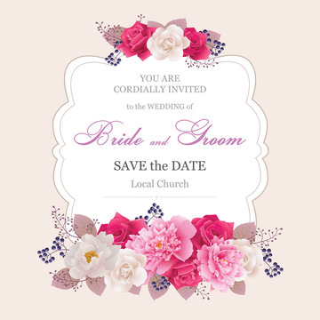 Wedding invitation cards with flower.Beautiful white and pink peonies, red and white roses. (Use for Boarding Pass, invitations, thank you card.) Vector illustration. EPS 10