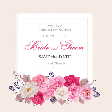 Wedding invitation cards with flower.Beautiful white and pink peonies, red and white roses. (Use for Boarding Pass, invitations, thank you card.) Vector illustration. EPS 10