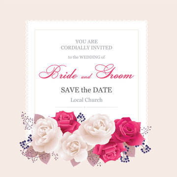 Wedding invitation cards with roses.Beautiful white and red roses. (Use for Boarding Pass, invitations, thank you card.) Vector illustration. EPS 10