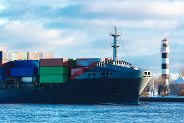 Grey container ship