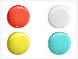 Set of vector 3D design elements, glossy icons, buttons, badge blue, red, yellow and white isolated. Can be used as sales buttons, signs of promotions, special offers, discounts and sales