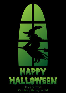 happy halloween with witch silhouette on the window, black halloween party greeting, vector illustration