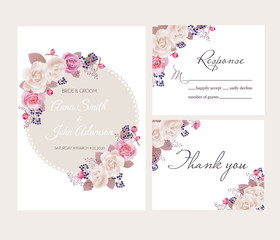 Wedding floral template collection.Wedding invitation, thank you card, save the date cards. Beautiful white and pink roses. Vector illustration. EPS 10