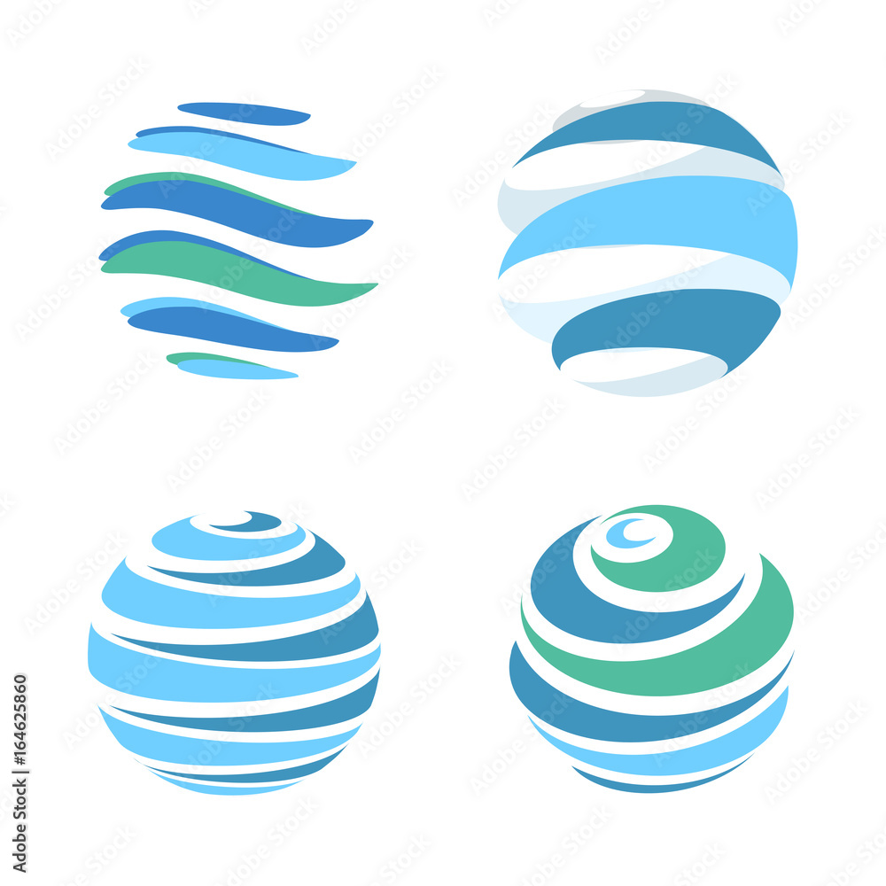 Poster abstract blue global planet stripped vector logos template set. rotating blue strips, circular plane