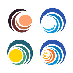 Wave and sun, sunset and sunrise logos. Isolated abstract decorative logo set, design element template on white background