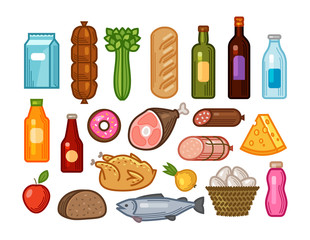 Food and drinks icons set. Grocery shopping concept. Vector illustration drawn in flat design style