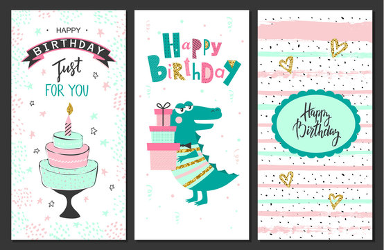 Happy birthday greeting cards and party invitation templates .Vector illustration.