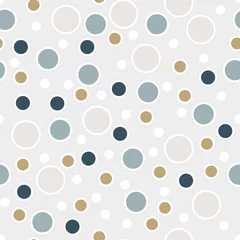 Cercles muraux Polka dot Modèle sans couture abstrait avec des points au hasard. Fond avec différents cercles. Bulles blanches, bleues et dorées en désordre avec un contour blanc sur beige. Texture pointillée. Illustration vectorielle.