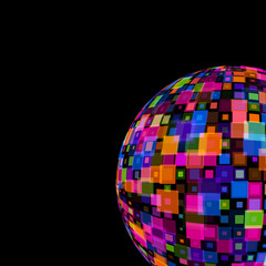 Obraz premium Colorful Mirror Disco Ball on black background template for party club, Events, celebrations, anniversaries vector illustration. Colored, translucent squares squares overlapping each other