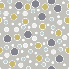 Abstract seamless pattern with randomly dots. Background with different circles. Messy white, violet, gold, gray bubbles with white outline on gray. Dotted texture. Vector illustration.