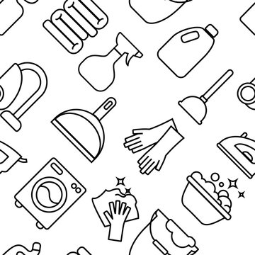 Cleaning, wash seamless pattern. Palm, sunglasses, flip flops, diving mask, shell and other holiday elements background. Marine leisure thin line backdrop.
