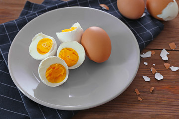 Tasty hard boiled eggs on plate. Nutrition concept