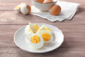 Tasty hard boiled eggs on plate. Nutrition concept