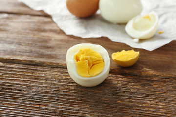 Tasty hard boiled eggs on table. Nutrition concept
