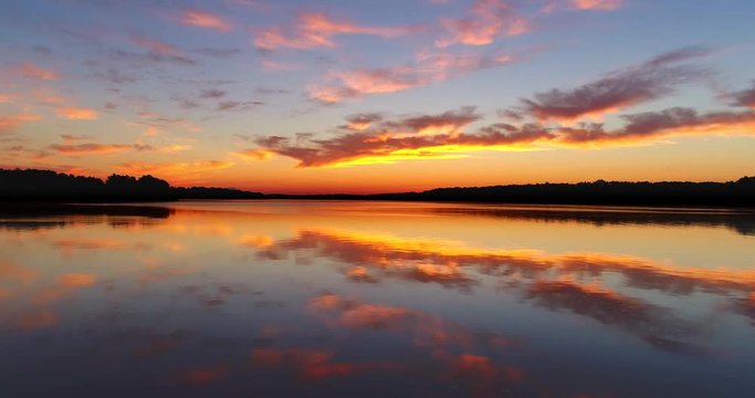 Fiery twilight sky reflected in rippling river, seamless loop.
