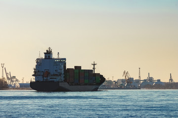 Grey container ship