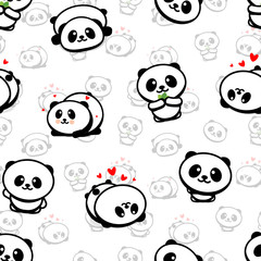 Seamless Pattern with Cute Panda Asian Bear Vector Illustrations, Collection of Chinese Animals Simple Texture Elements, Black and White mammals Icons set.