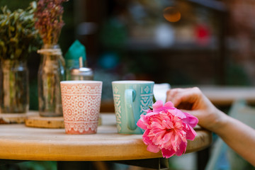 Coffee cups in an outdoor cafe