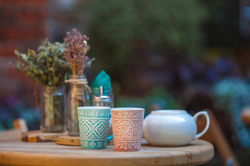 Coffee cups in an outdoor cafe