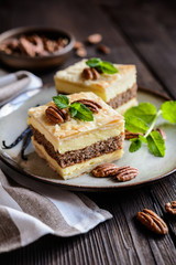 Delicious cremeschnitte with vanilla custard cream and pecan nut dough