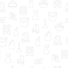 Cleaning, wash line icons. Washing machine, sponge, mop, iron, vacuum cleaner, shovel clining background. Order in the house thin linear backdrop for cleaning.