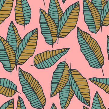 Cute floral seamless pattern with tropical hand drawn palm leaves. Vector illustration.