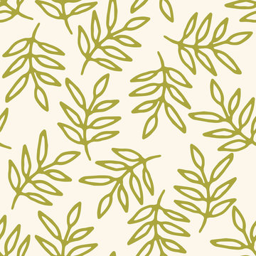 Floral seamless pattern with hand drawn doodle branches with leaves. Cute thin line summer ornament. Vector illustration.
