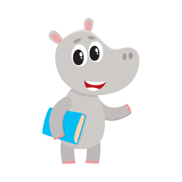 Cute little hippo student character standing with book under arm, cartoon vector illustration isolated on white background. Little hippo animal student character with a book, back to school concept