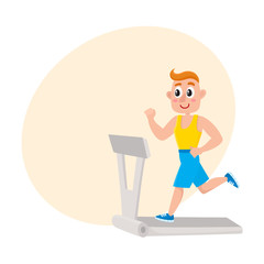 Young man running on treadmill, training in gym, doing sport exercises, cartoon vector illustration with space for text. Cartoon man, guy running on treadmill, doing cardio in gym
