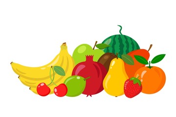 Heap of natural fruits isolated on white background. Cartoon and flat style. Vector illustration