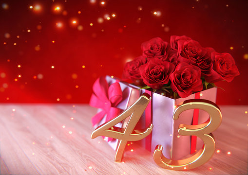 birthday concept with red roses in the gift on wooden desk. forty-third. 43rd. 3D render