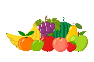 Heap of natural fruits isolated on white background. Cartoon and flat style. Vector illustration