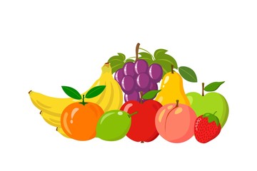 Heap of natural fruits isolated on white background. Cartoon and flat style. Vector illustration