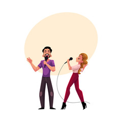 Man and woman, couple singing in duet, karaoke party, contest, competition, cartoon vector illustration with space for text. Two karaoke singers, man woman, male female, singing together