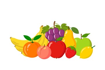 Heap of natural fruits isolated on white background. Cartoon and flat style. Vector illustration
