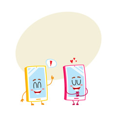 Two cartoon mobile phone characters, one hugging itself with love, another showing thumb up, vector illustration with space for text. Two cartoon mobile phone, smartphone characters