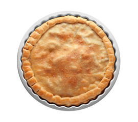 Baking dish with turkey pot pie on white background