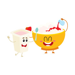 Smiling bowl of cottage cheese and yougurt cup characters, healthy breakfast ingredients, cartoon vector illustration isolated on white background. Funny cottage cheese bowl and yougurt cup character
