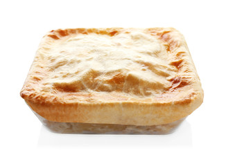 Baking dish with turkey pot pie on white background