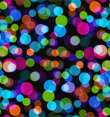Night lights. Seamless bokeh vector background. Colorful transparent circle pattern on black backdrop.