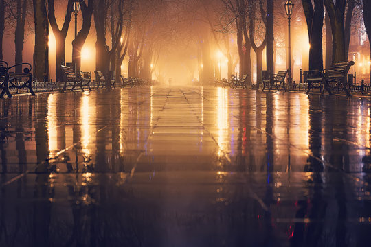 Night city boulevard after rain 