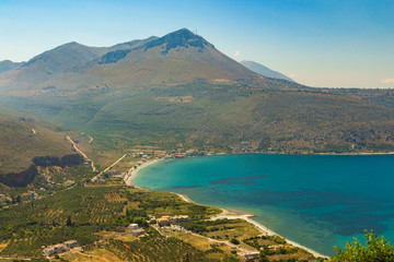 Top view of Neo Itilo bay, located in southern Peloponnese, Mani area in Lakonia, Greece.