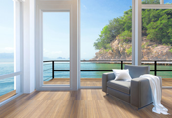 Empty modern living room interior with large windows and sea view background, 3D rendering