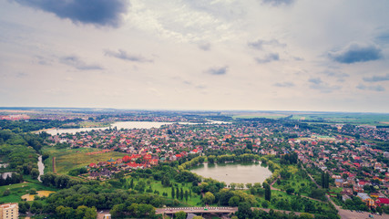 city at sunset from the drone