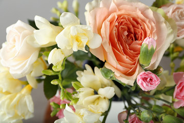 Beautiful bouquet of fresh freesia, closeup